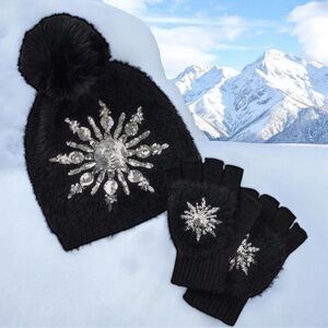 Black Beanie and Gloves Set with Silver Snowflake Design